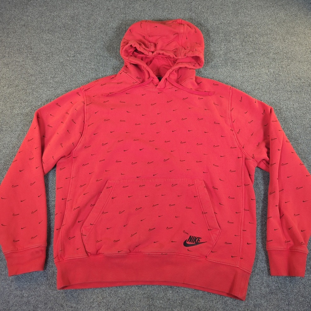 Nike Mens Sportswear Club‎ Fleece Hoodie Red All Over Swoosh Print Large 2581